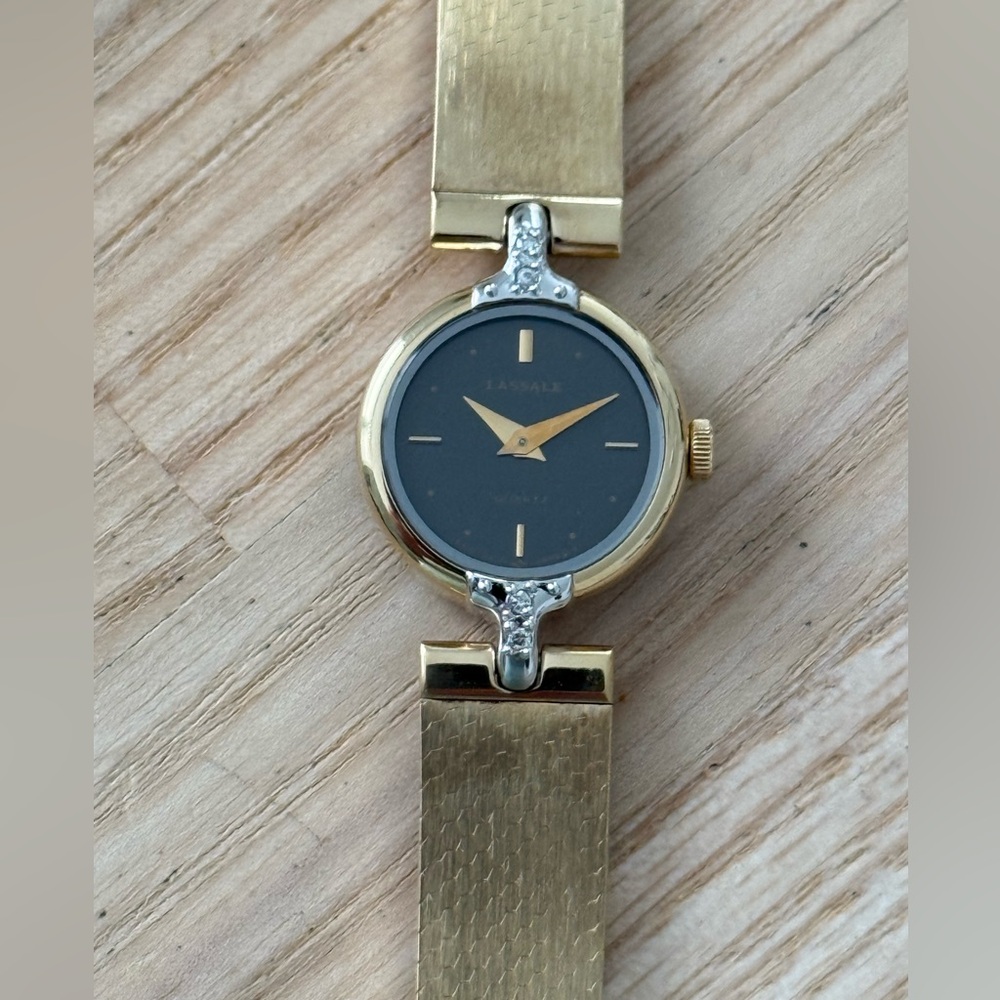 Lassale Rare Diamond Vintage Ladies Watch Gold Plated Bracelet Case Black Dial - Picture 4 of 16